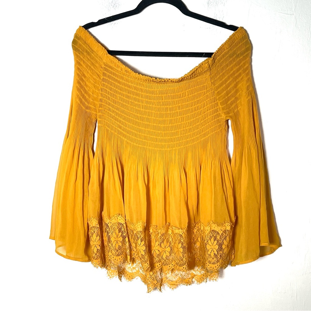 Charlotte Russe mustard yellow lace off shoulder blouse top shirt size XL B176